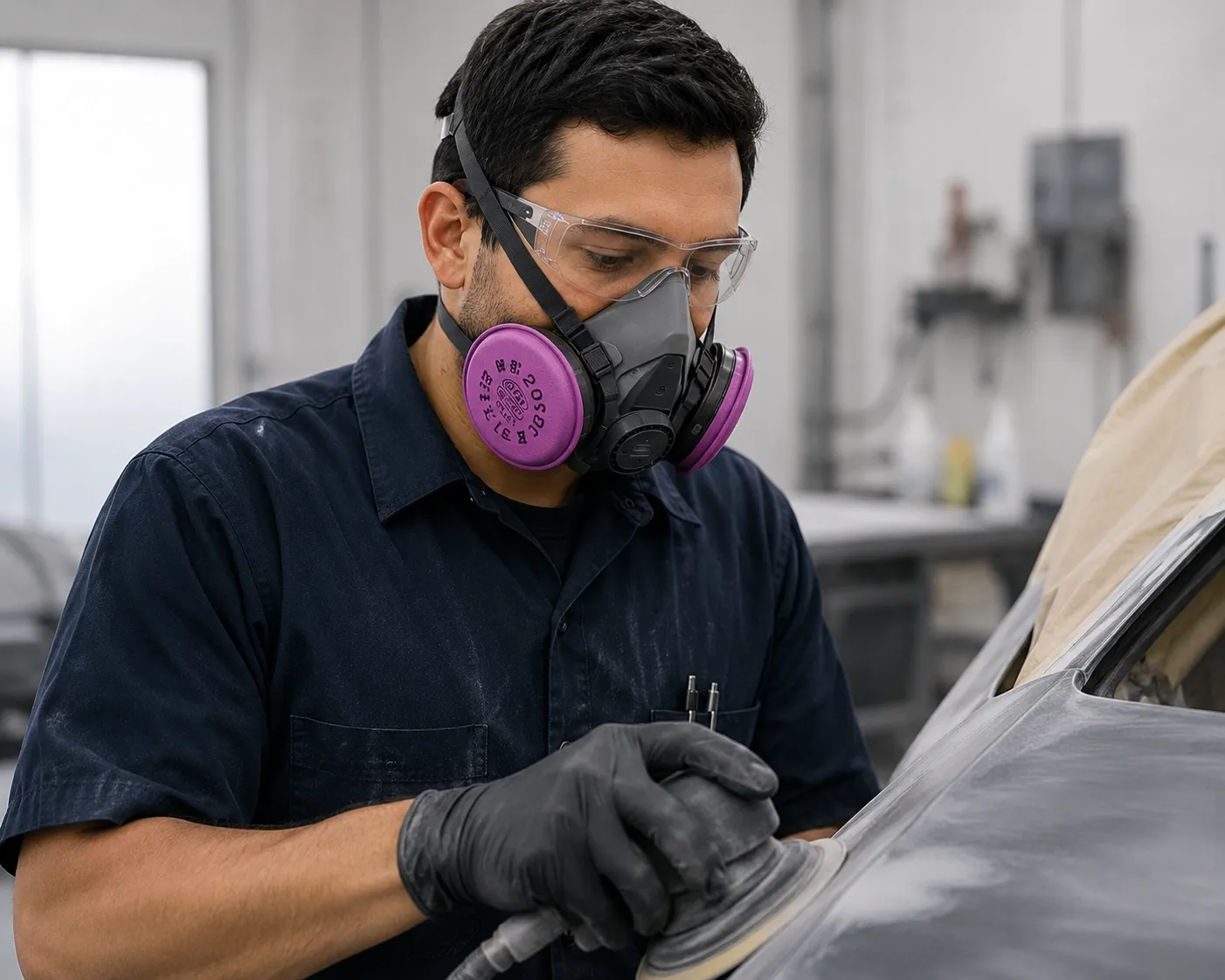 A half-face cartridge respirator used for fit testing in an auto body shop